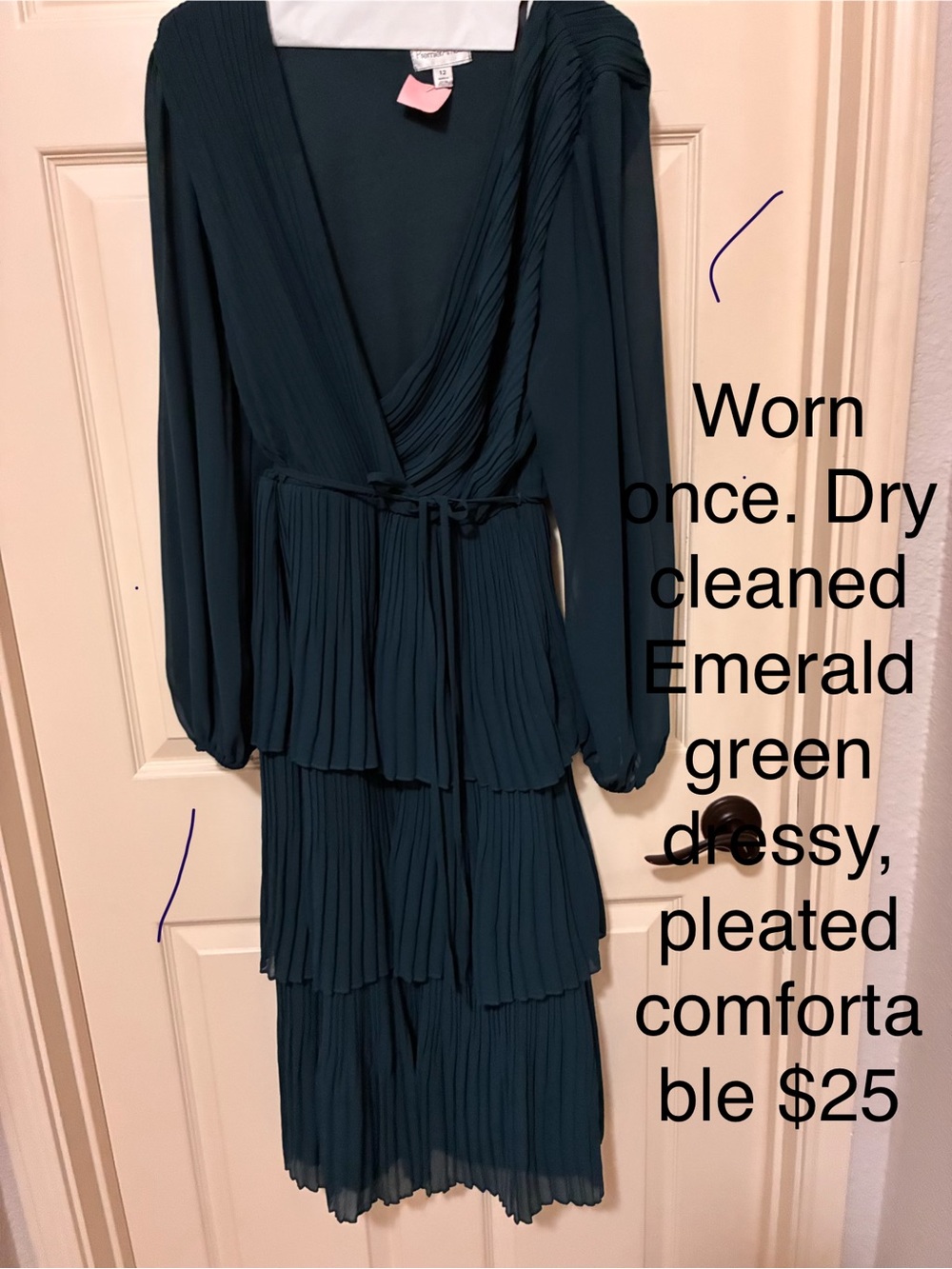 Premier Emerald Green Pleated Long Sleeve Tiered Dress